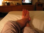 My feet in our hotel room with the wrong white-point setting.  A beautiful shot!